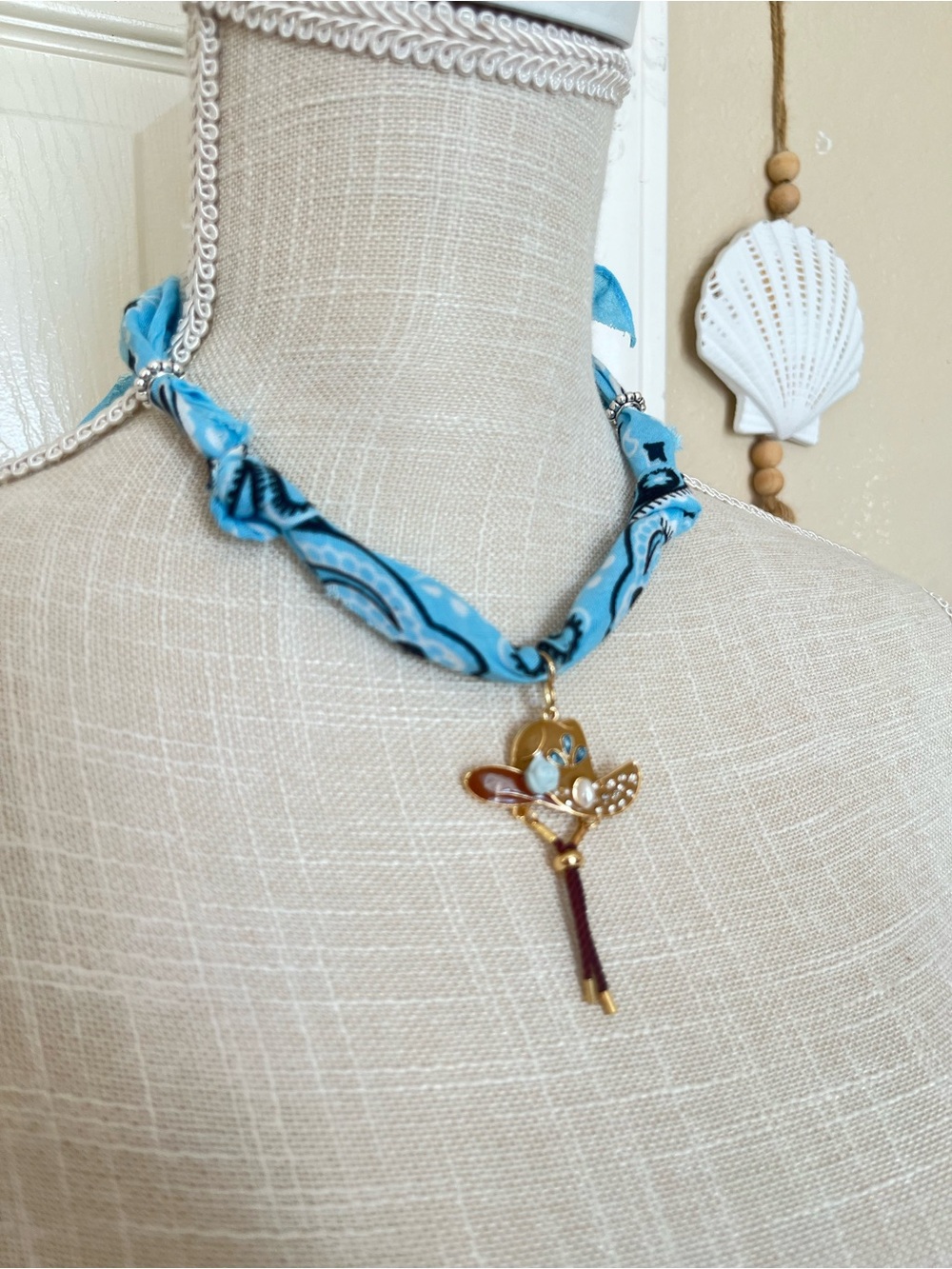 Blue Bandanna Fabric handmade Choker Necklace with gold cowboy hat pendant